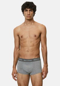 Gli boxer grigi in cotone presentano un colore uniforme, una vita elastica con il nome del marchio. I pantaloni hanno un design aderente e una consistenza liscia.