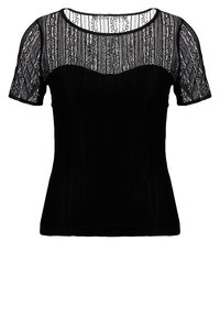 Sort top med et gennemsigtigt lace-design på de korte ærmer og en struktureret bodice. Glat tekstur med rund halsudskæring og tætsiddende pasform.