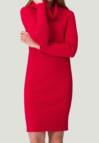 Robe tricotée rouge à côtes avec un col bénitier, des manches longues et une silhouette ajustée. Texture lisse et design longueur genou.