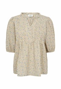 Blommig blus i ljus beige tyg. Har en rynkad halsringning, knapplist och puffärmar med elastiska manschetter. Litet blått och grönt blommönster.