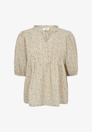 Blusa floreale in morbido tessuto beige chiaro. Presenta un collo arricciato, una placca con bottoni e maniche a sbuffo con polsini elastici. Piccolo motivo floreale blu e verde.