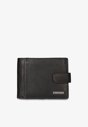 Zwart lederen portemonnee met een gladde textuur, voorzien van een magnetische sluiting, gestikte randen en een metalen logo-accent.