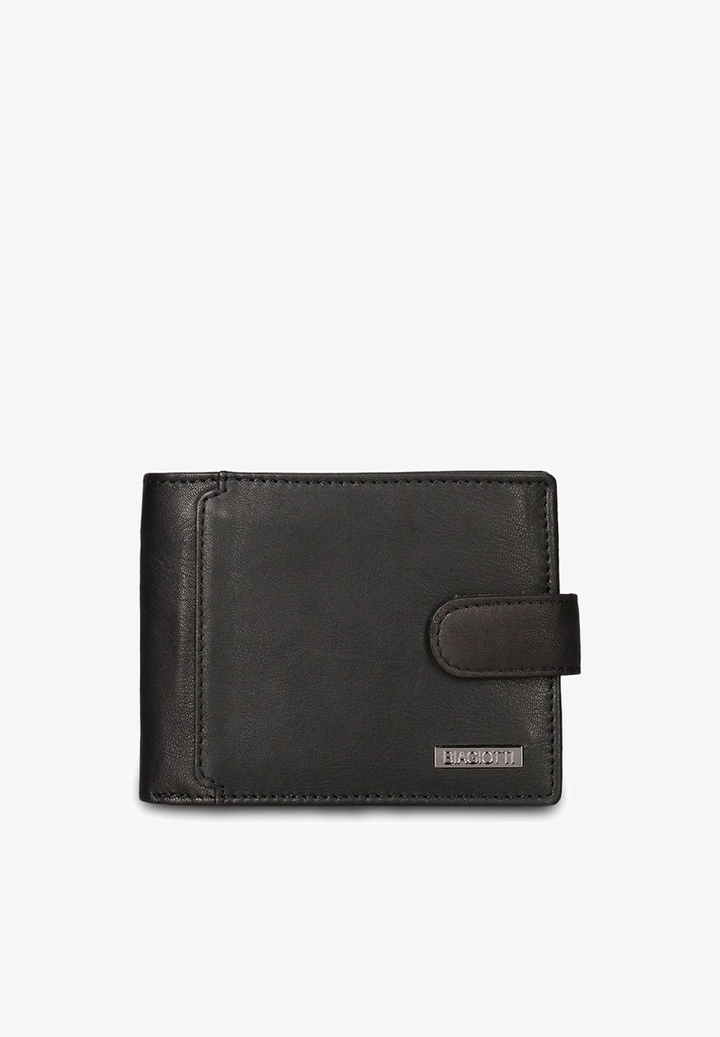 Portafoglio in pelle nera con una texture liscia, dotato di chiusura magnetica, bordi cuciti e un dettaglio logo metallico.