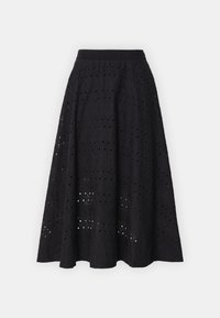 Falda negra hecha de tejido texturizado con diseños recortados y una cinturilla con marca en relieve. Forma acampanada, hasta la rodilla.
