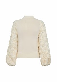 Kreemjas kootud kampsun õhupallivarrukatega, mis on kaunistatud tekstuursete lilleliste aplikatsioonidega, kõrge kaelusega ja soonilise äärega.