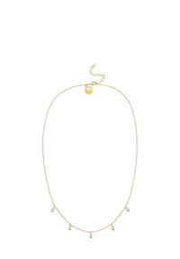 Goldene Halskette mit fünf marquiseförmigen klaren Anhängern, verstellbarer Verschluss und einem zarten, strukturierten Kettendesign.
