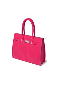 Pink leather handbag with dual handles, rectangular design, textured surface, and a silver clasp detail on a central strap.