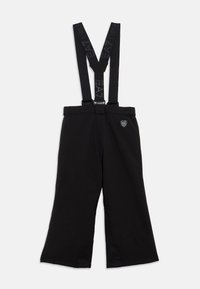 Čierne snehové nohavice s nastaviteľnými trakovými pásmi, na ktorých je značka EA7 Emporio Armani a malý nášivka loga EA7 na pravej strane bokov.