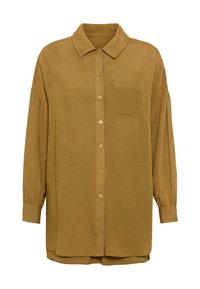 Καφέ λινό πουκάμισο με μυτερό γιακά, μακριά μανίκια και μία τσέπη στο στήθος. Διαθέτει χρυσά κουμπιά στο μπροστινό μέρος και στα μανίκια.