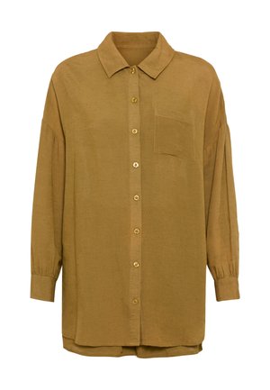 Brun lin-skjorte med spiss krage, lange ermer og en enkelt brystlomme. Har gullknapper foran og på mansjettene.