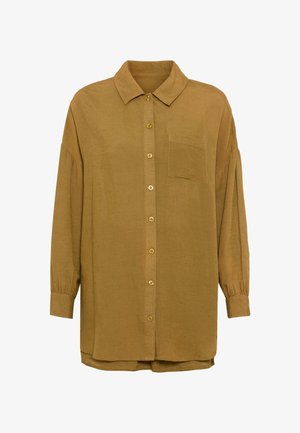 Brūna lina krekls ar smailu apkakli, garām piedurknēm un vienu krūšu kabatu. Priekšpusē un aprocēs dekorēts ar zelta pogām.