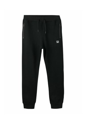 Pantalon de jogging noir avec taille élastique, cordon de serrage, poches latérales zippées et petit logo blanc sur la cuisse gauche.