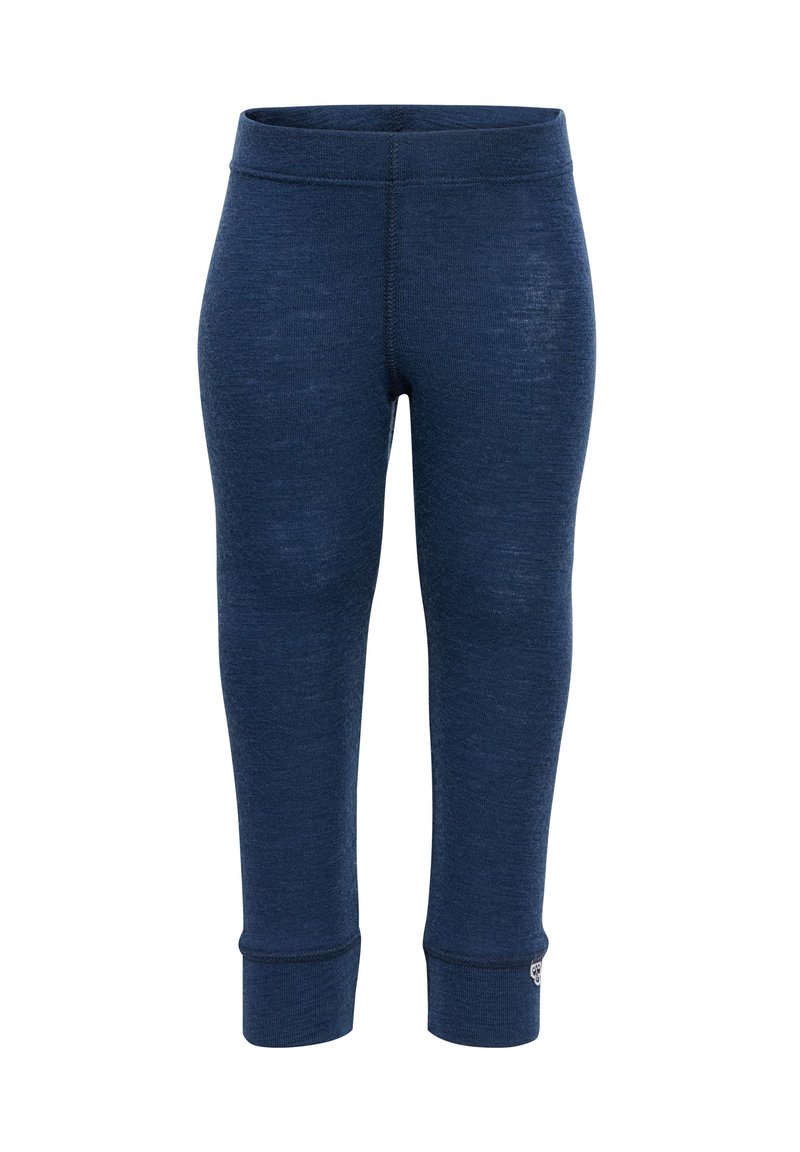 Granatowe legginsy wykonane z miękkiego, elastycznego materiału o gładkiej fakturze, z dopasowanym pasem w talii i przylegającymi mankietami na kostkach.