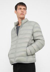 Lys grå puffjakke med høy krage, horisontalt quiltet design, glidelås foran og tettsittende silhuett. Glatt tekstur.