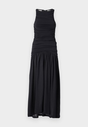 Vestido maxi negro con un corsé ajustado fruncido, escote redondo y falda fluida. Hecho de una tela suave con una textura lisa. Cierre de cremallera trasero oculto.
