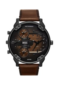 Diesel men's wristwatch with black and brown multi-dial face, leather strap, showing four time zones and date window, labeled "Only The Brave."