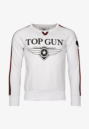 Weißes Sweatshirt mit schwarzem "TOP GUN"-Grafikdesign, rundem Emblem und roten Seitenstreifen. Mit gerippten Abschlüssen an den Ärmeln und am Saum. Hergestellt aus weichem Stoff.