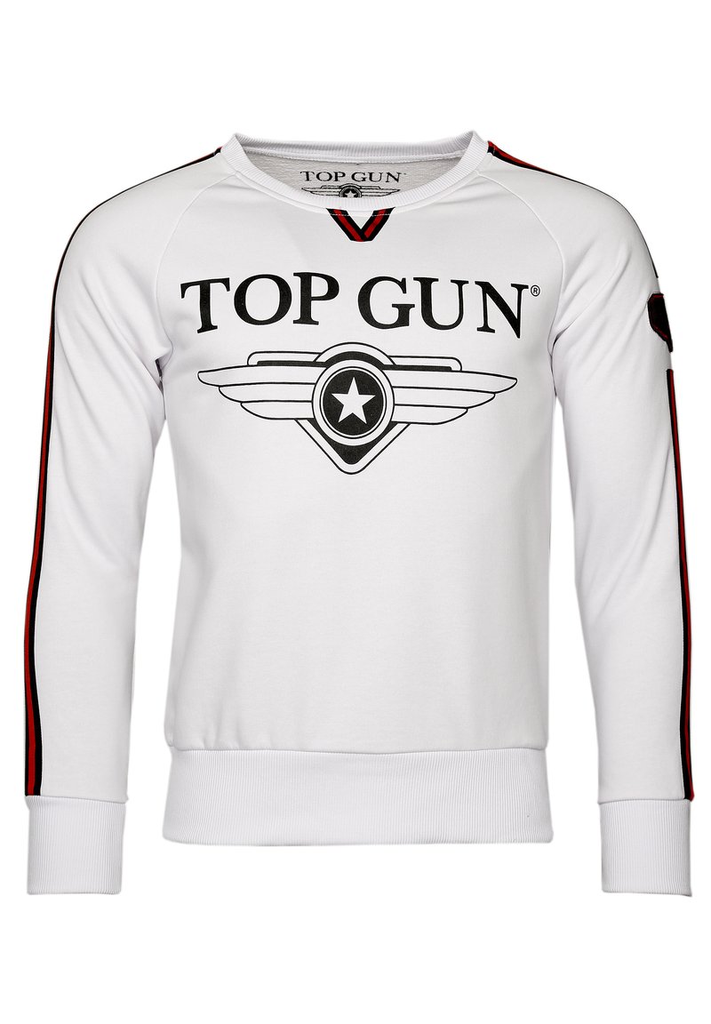 Vit sweatshirt med svart "TOP GUN" grafik, cirkulär emblem och röda sidstripe. Har ribbade muddar och nederkant. Tillverkad av mjukt tyg.