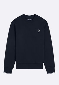 Felpa navy realizzata in morbido misto cotone, con collo a giro, maniche lunghe, polsini a coste e un piccolo logo ricamato sul petto.