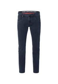 Dunkelblaue Skinny Jeans mit einem klassischen Fünf-Taschen-Design, aus Denim-Stoff gefertigt. Mit einem Knopfverschluss und einem gebrandeten Bund.