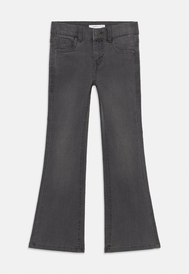 Grå utsvängda jeans i denim, med en midja som stängs med knapp, framfickor och en ren fåll.