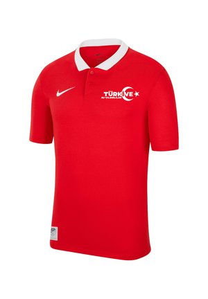 Rotes Polohemd aus glattem Stoff. Verfügt über einen weißen Kragen, Vorderknöpfe und den Aufdruck "TÜRKİYE" mit einem Halbmond- und Stern-Logo. Nike-Logo vorhanden.