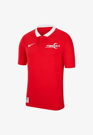 Rotes Polohemd aus glattem Stoff. Verfügt über einen weißen Kragen, Vorderknöpfe und den Aufdruck "TÜRKİYE" mit einem Halbmond- und Stern-Logo. Nike-Logo vorhanden.