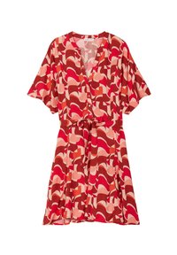 Wrap dress featuring a red, pink, and brown abstract pattern. Short sleeves, V-neckline, and a fabric belt at the waist.