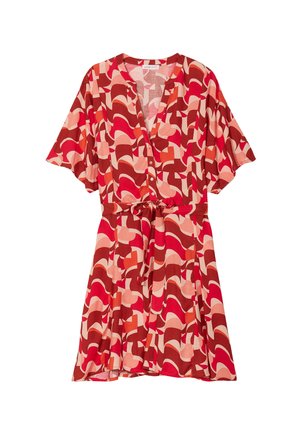 Wikkeljurk met een abstract patroon in rood, roze en bruin. Korte mouwen, V-hals en een stoffen riem op de taille.