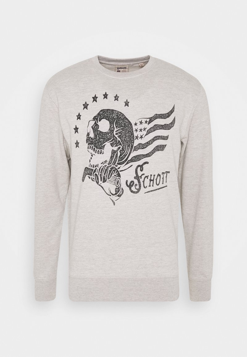 Chemise à manches longues gris clair avec graphique de crâne noir tenant une clé à molette, entouré d'étoiles et de rayures, avec le texte "Schott" à l'avant.