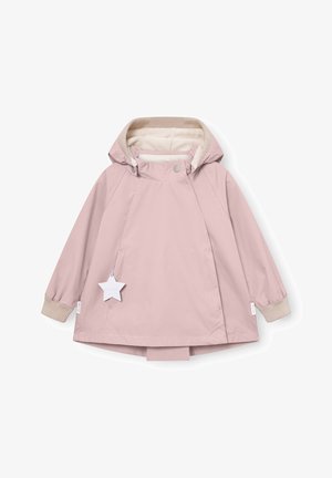 Hellrosa Kinderjacke mit Kapuze, vorderen Druckknöpfen, gerippten Bündchen und sternförmigem Reißverschluss-Anhänger, flach auf weißem Hintergrund ausgelegt.