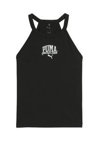 Top sportivo senza maniche di colore nero, realizzato in cotone. Presenta un collo rotondo e il logo "PUMA sports club" in bianco sul davanti.