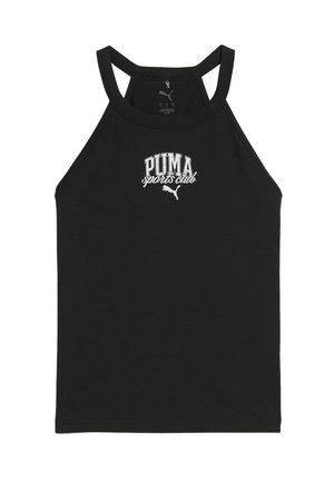 Melna bezpiedurkņu sporta blūze, kas izgatavota no kokvilnas. Tam ir apaļš kakla izgriezums un uzprasa „PUMA sporta klubs” balts logo priekšpusē.