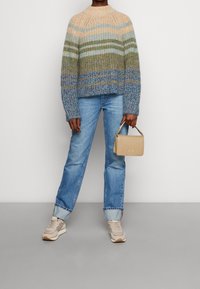 Sweter dzianinowy z ombre w kolorach brzoskwiniowym, zielonym i niebieskim; luźny krój. Jasnoniebieskie dżinsy straight-leg; beżowa torebka; szare sneakersy.