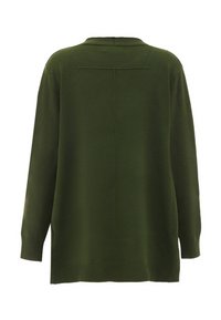 Maglione verde oversize, in tessuto a maglia, con scollatura a girocollo, maniche lunghe, polsini e orlo ribattuti, e un sottile dettaglio di cucitura lungo la schiena.