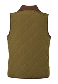 Vattert vest i olivengrønn med en brun ribbestrikket krage. Har diamantmønster og er ermeløs. Jevn stofftekstur.