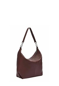 Brązowa skórzana torba na ramię o zakrzywionym kształcie, srebrne okucia oraz zapięcie na zamek. Pasek jest regulowany dla wygody.