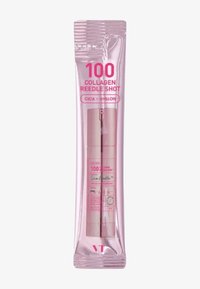 Collagen Reede Shot i ett transparent rosa paket. Har en smal applicator med en silverfärgad metallspets. Text med rosa och gröna detaljer.