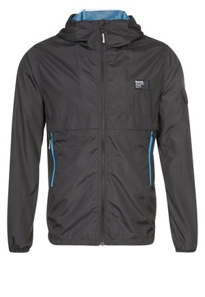 Veste légère noire avec capuche, doublure en mesh bleu, fermeture éclair avant, poches latérales zippées, poignets élastiques et petit logo de marque sur la poitrine.