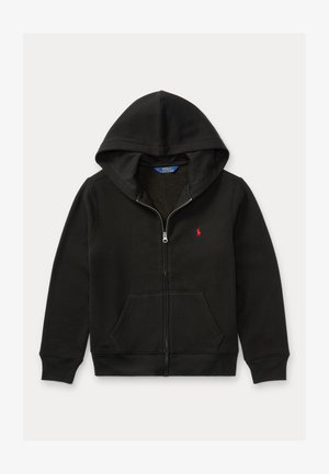 Črna zip-up kapuca s sprednjo žepom, kapuco, rebrastimi manšeti in majhnim rdečim logotipom na levi prsni strani. Mehka tkanina z gladko teksturo.