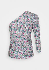 Top con stampa floreale caratterizzato da un design a spalla unica, manica lunga e una combinazione di tonalità di rosa, blu e verde su uno sfondo chiaro.