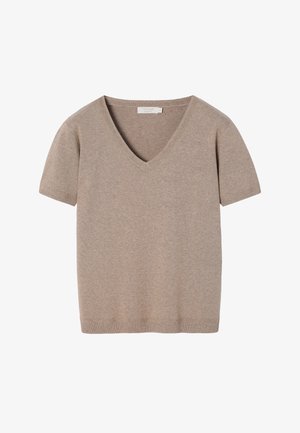Bézs színű, V-nyakú, rövid ujjú pulóver puha kötött anyagból, bordázott szegéllyel és laza szabással a kényelem érdekében.