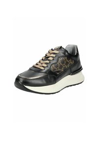 Schwarze Leder-Sneaker mit goldenen Akzenten, strukturiertem Paneel, runder Zehenkappe, beigen Schnürsenkeln und einer dicken weißen Sohle für Dämpfung und Stabilität.