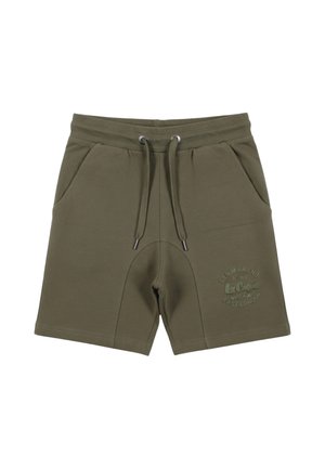 Pantaloncini verde oliva con coulisse, vita elastica, tasche laterali e piccolo logo in rilievo sulla parte inferiore della gamba destra.