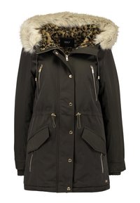 Parka noire avec capuche doublée de fausse fourrure, doublure intérieure imprimé léopard, quatre poches zippées et fermeture à boutons-pression à l'avant, conçue pour les temps froids.