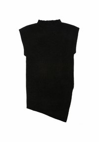 Schwarzes geripptes strickloses Rollkragenoberteil ohne Ärmel mit asymmetrischem Saum und strukturierter Oberfläche, das eine figurbetonte Silhouette bietet.