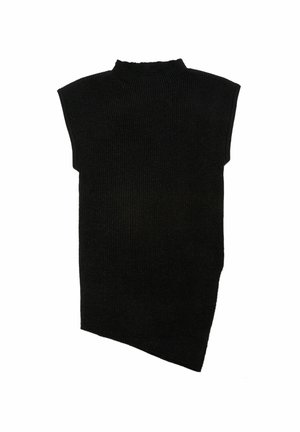Schwarzes geripptes strickloses Rollkragenoberteil ohne Ärmel mit asymmetrischem Saum und strukturierter Oberfläche, das eine figurbetonte Silhouette bietet.