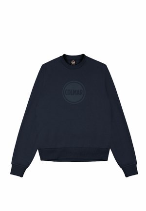 Felpa blu navy realizzata in tessuto morbido, con colletto a girocollo, polsini e orlo a coste, e un logo circolare discreto al centro.