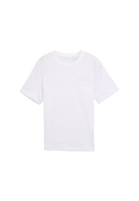 Hvid bomulds T-shirt med korte ærmer, rund halsudskæring og et lille, diskret mærkeloft på venstre brystområde. Enkelt design.