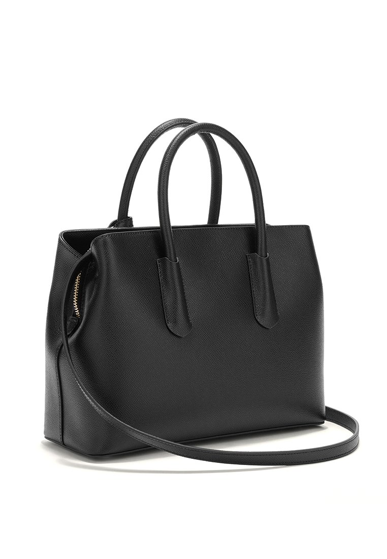Bolso de tote negro de piel con forma estructurada, asas superiores duales y una correa de hombro ajustable. Acabado texturizado y acentos de hardware en dorado.